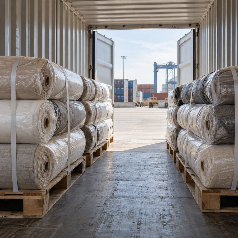 Illustrative fabric rolls in a shipping container